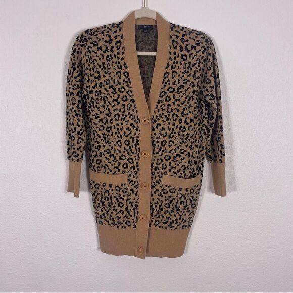 J. Crew Tan & Black Leopard Print V Neck Button Front Cardigan Sweater - Picture 1 of 6